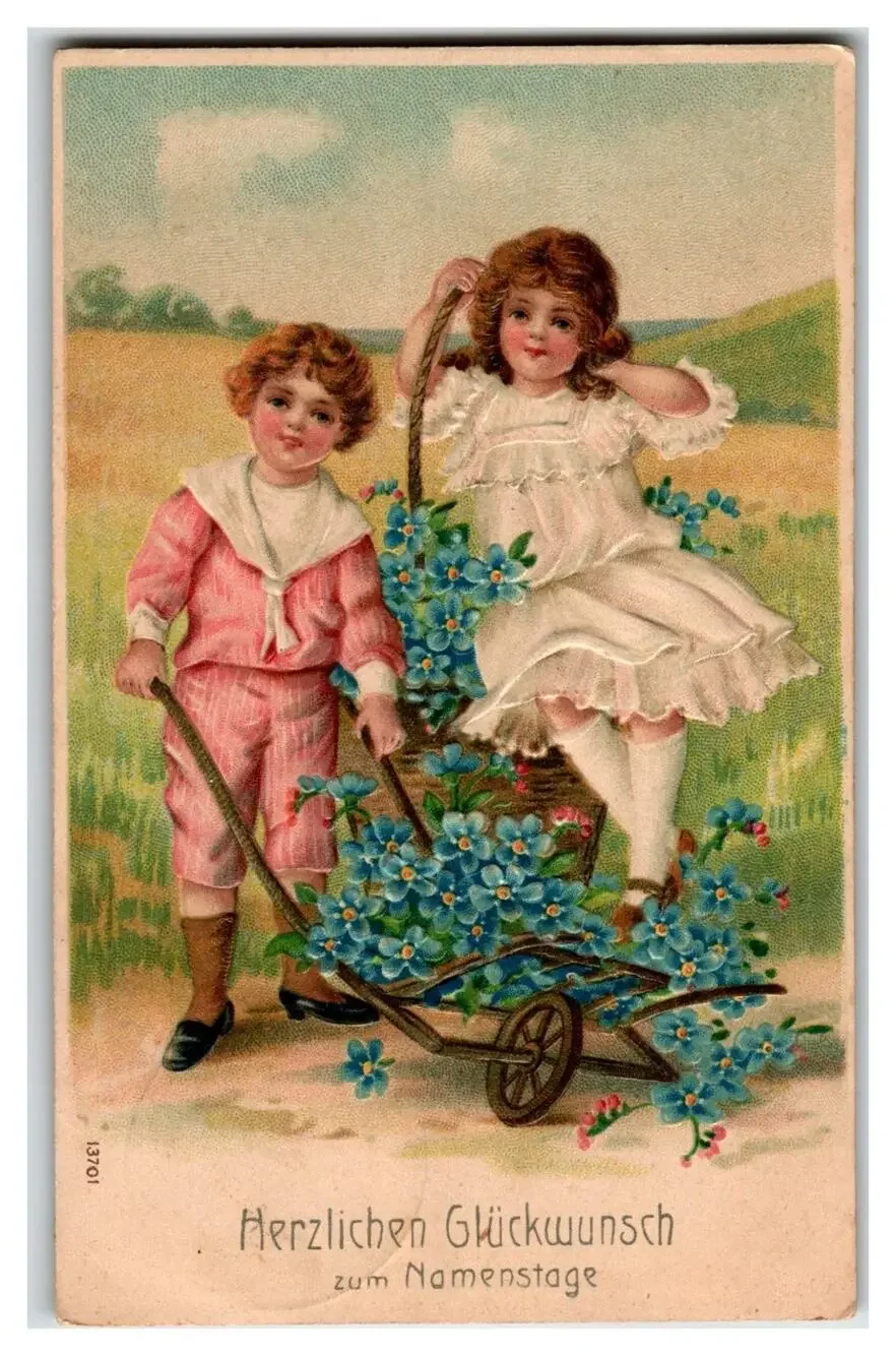 Antique Children & Forget-Me-Nots Postcard, German Name Day Greeting 1908